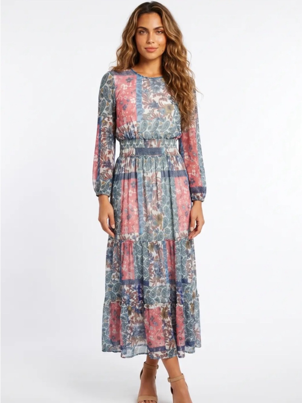 STELLA & JULIE Patchwork Boho Midi Dress (Size 6)